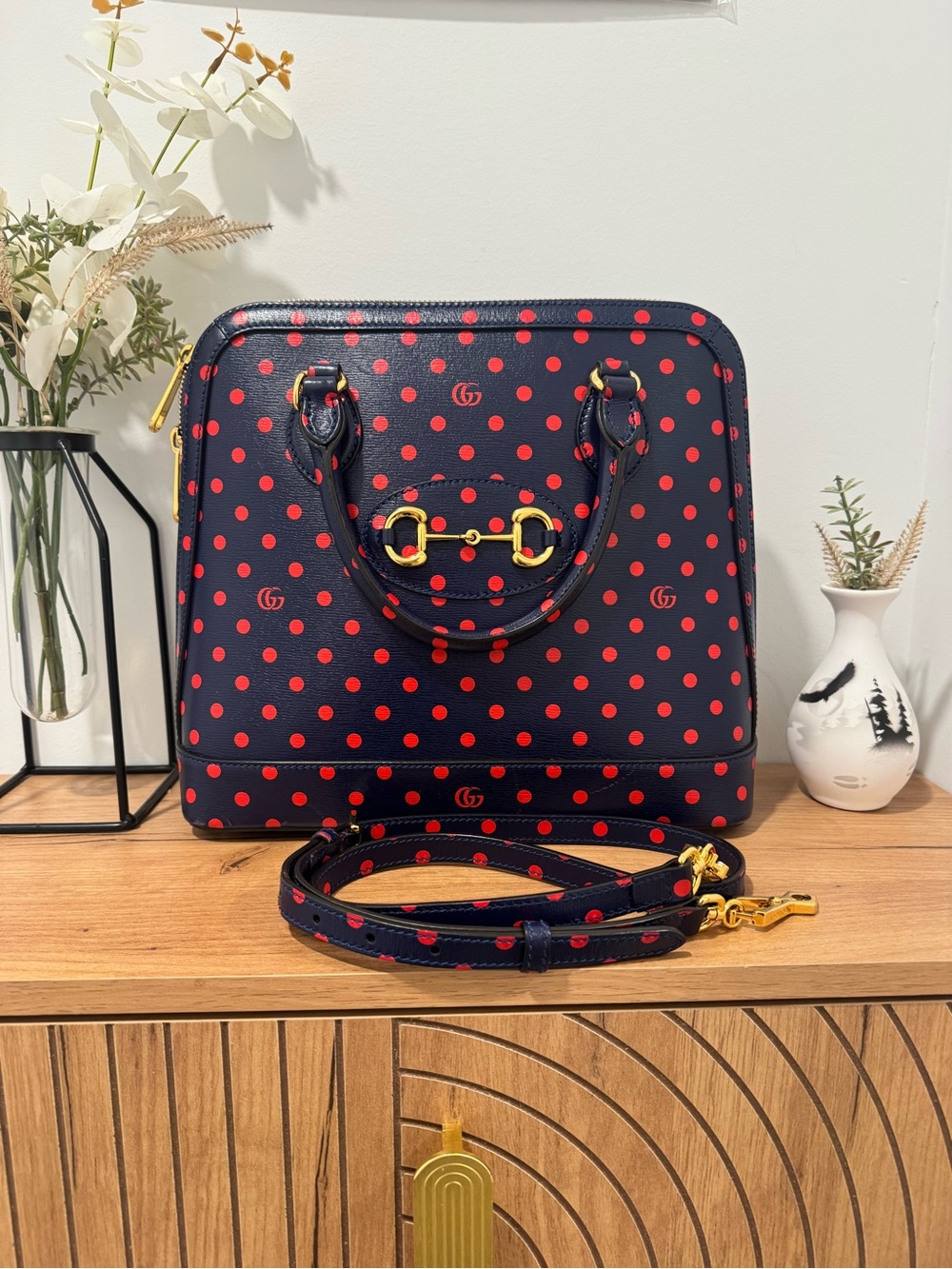 Gucci Purse 1955 Horsebit Dome Bag Navy Blue and Red Polkadot - Medium